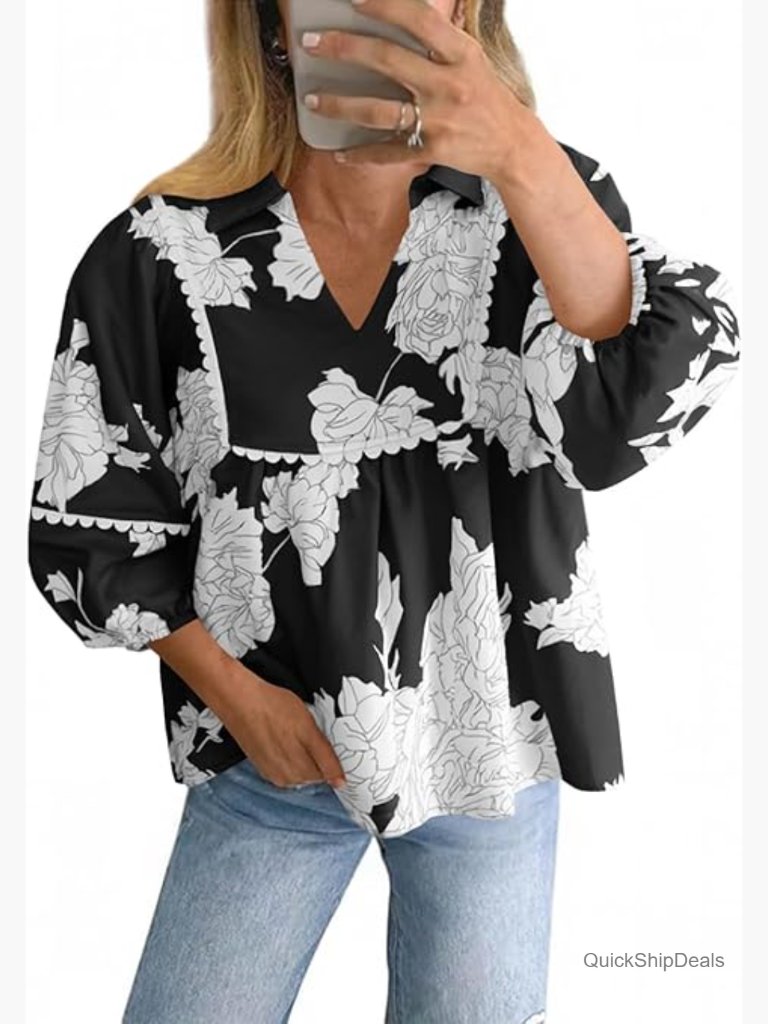 Floral Peplum Babydoll Top 3/4 Puff Sleeve Pleated Blouse V Neck Loose Fit